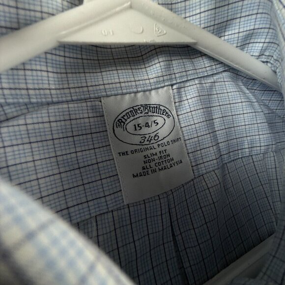 Brooks Brothers Slim Button-Down Blue Cotton 15-4/5 Non-Iron Check Long Sleeve - Picture 9 of 14